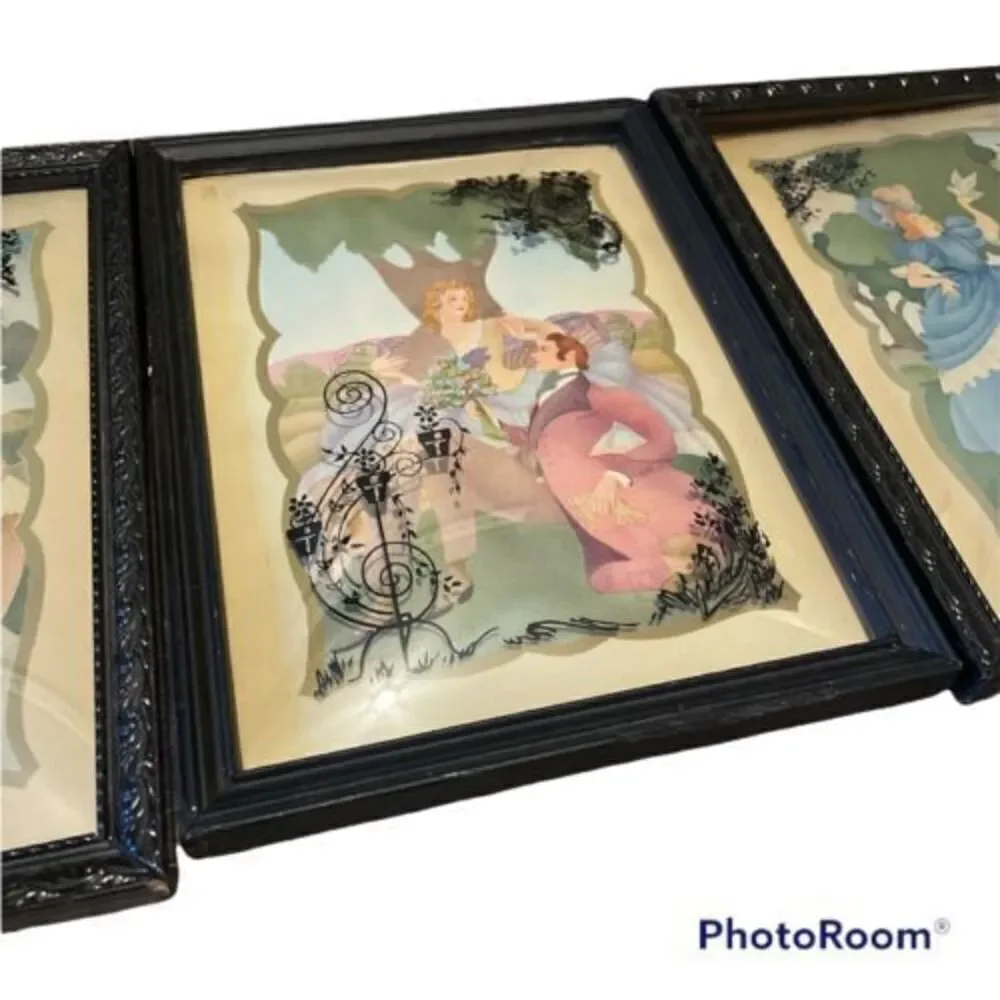 Vintage 1942 Victorian Silhouette Convex Glass Wood Frame S.Colef 3 Pieces